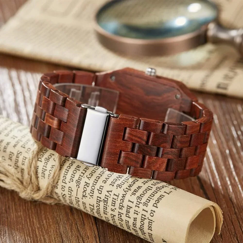 Men's Brown Red Rectangle Quartz Movement Wooden Watches